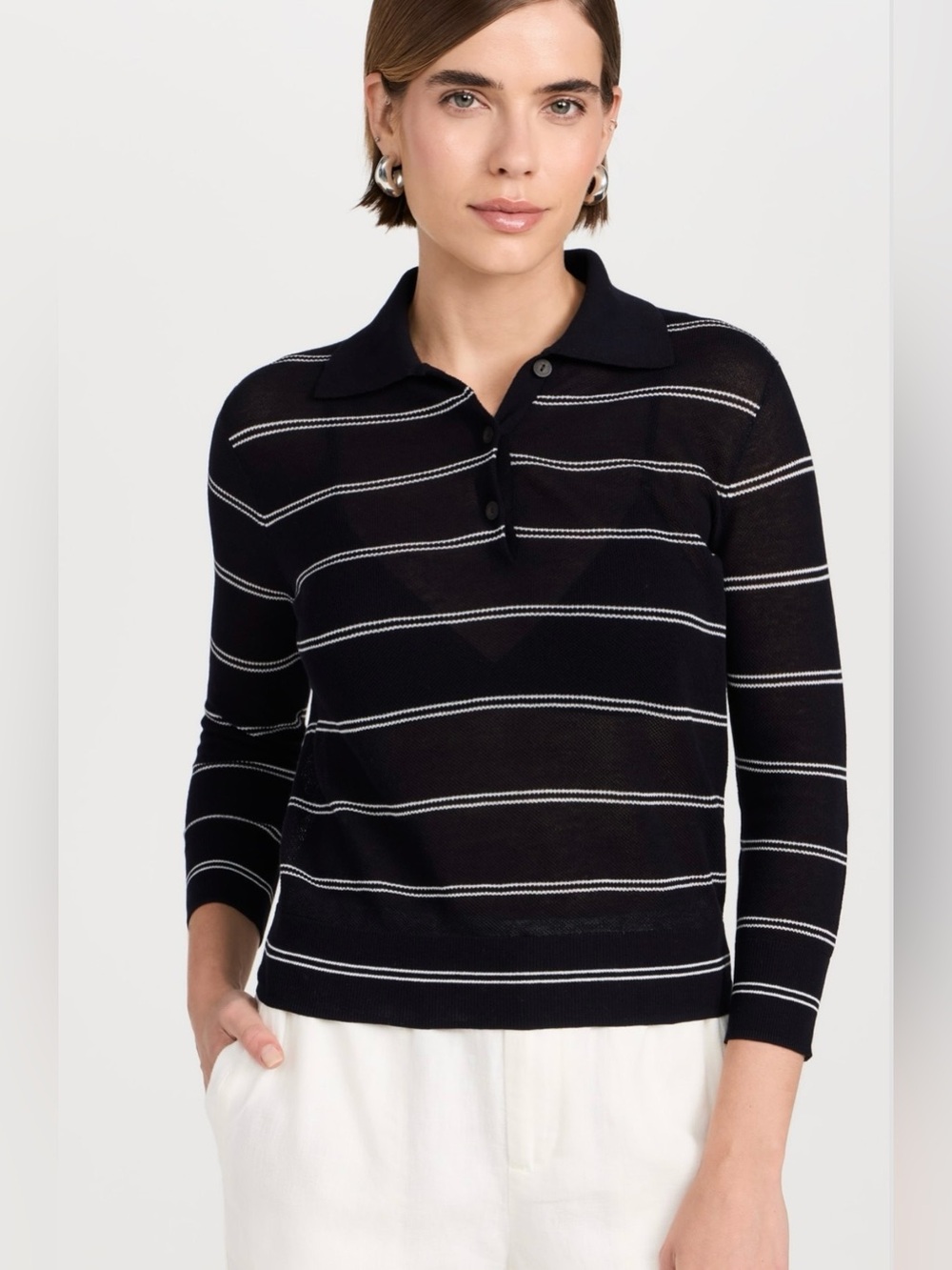 Vince Women's Striped Italian Cotton Pique Polo Shirt Coastal Blue, Size Large